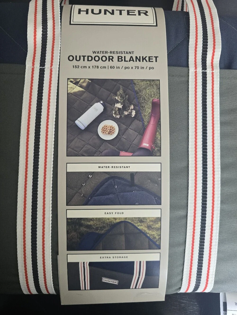 Hunter Outdoor Blanket Tote With‎ Carry Straps Navy/Olive & Cream Straps 60X70